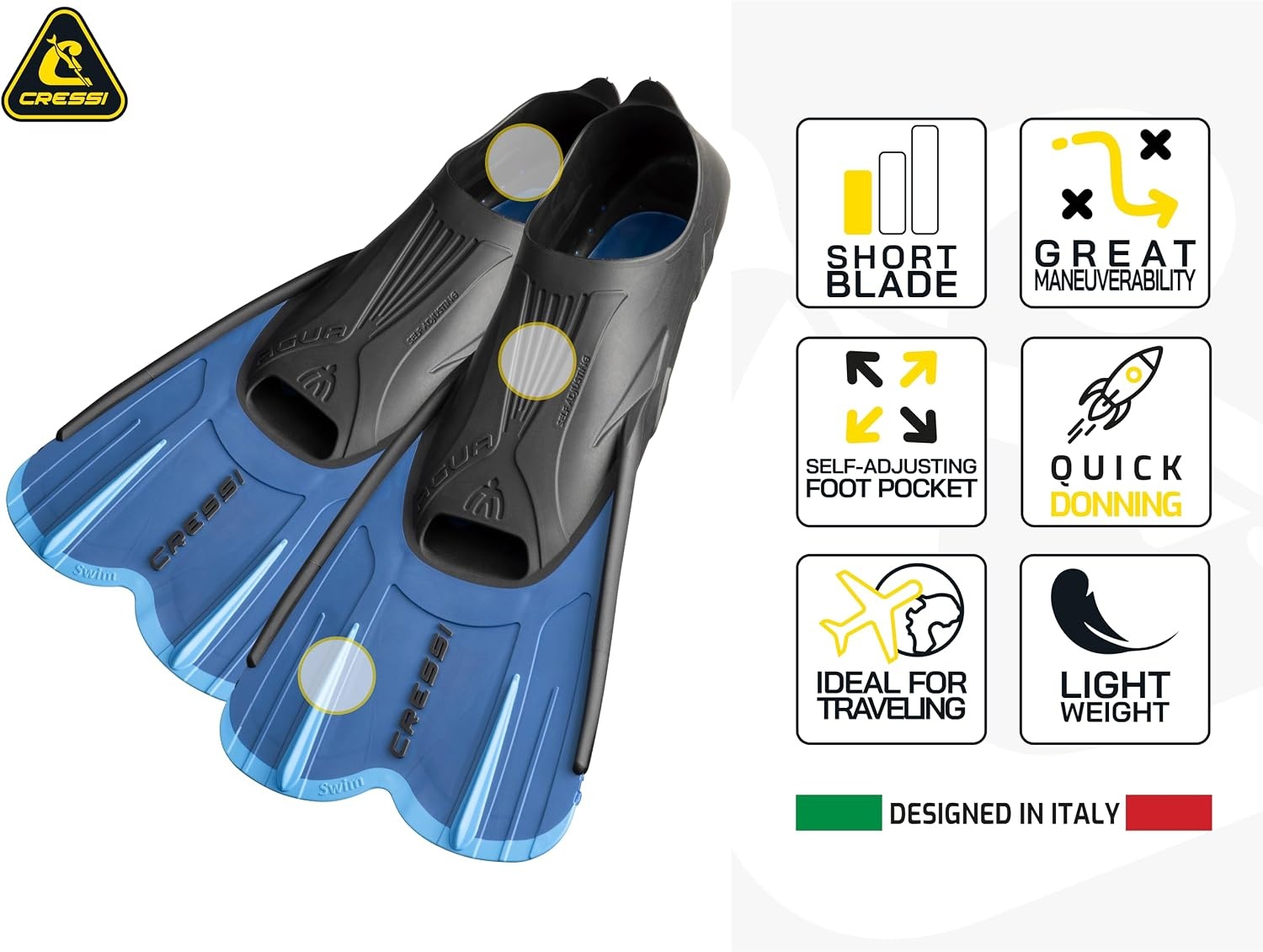 image:imageCressi Adult Short Light Swim Fins with SelfAdjustable Comfortable Full Foot Pocket Perfect for Traveling Agua Short Made in ItalyYellowBlack D